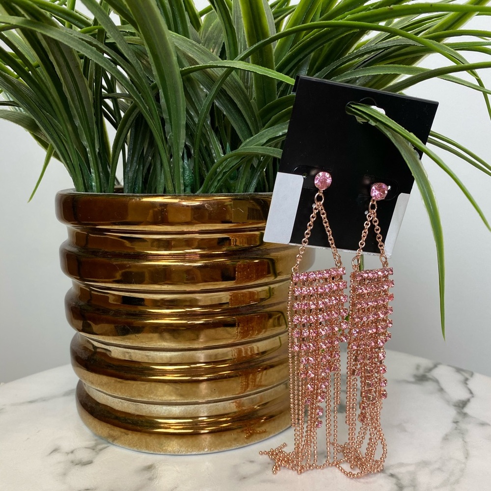 ‼️ Pink Rose Gold Rhinestone Earrings Necklace - Picture 3 of 8